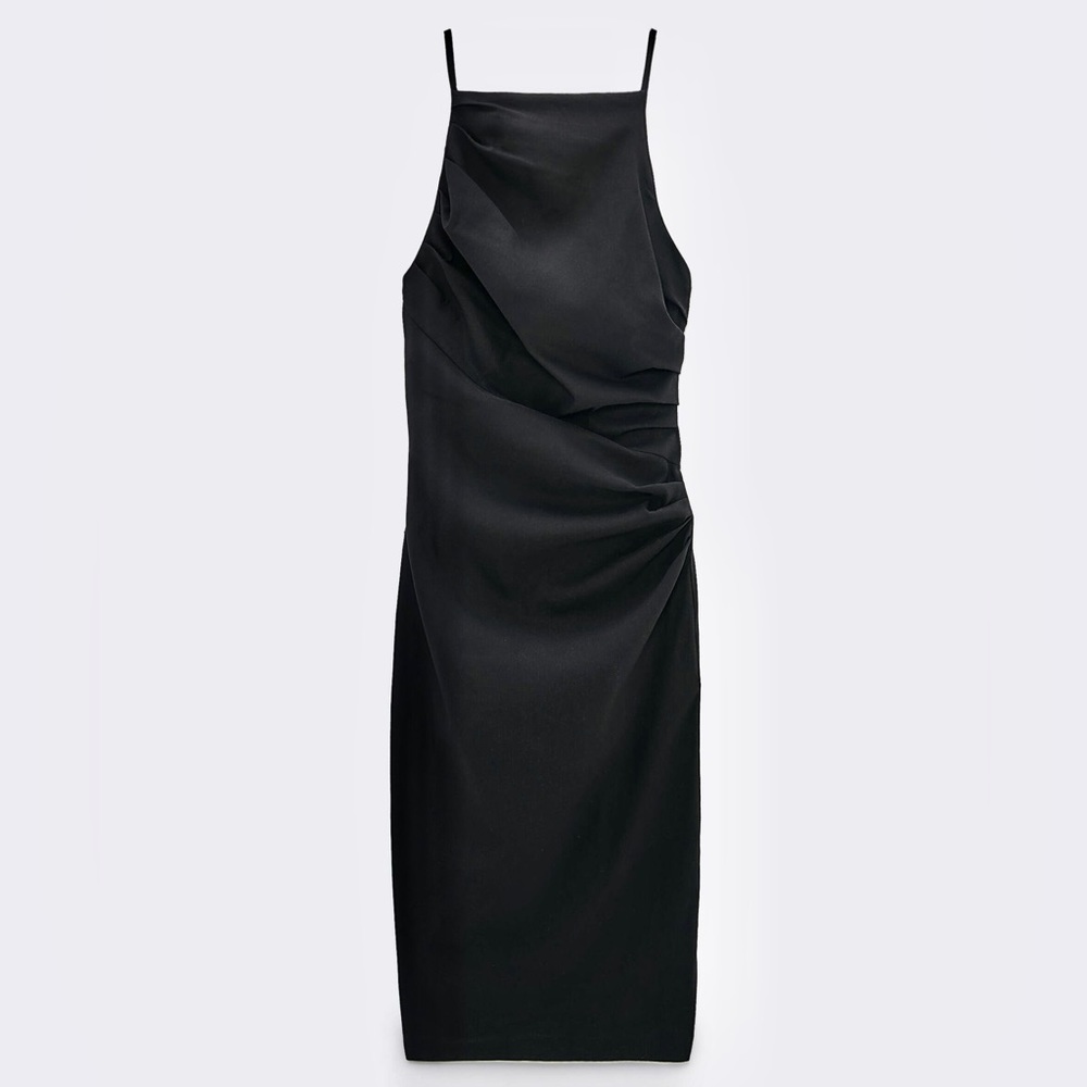 Zara NWOT square neck black ruched midi dress - Picture 4 of 13